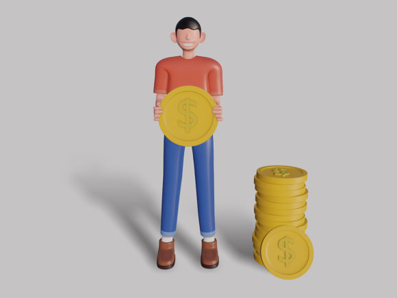 3D Male Character Holding a Coin